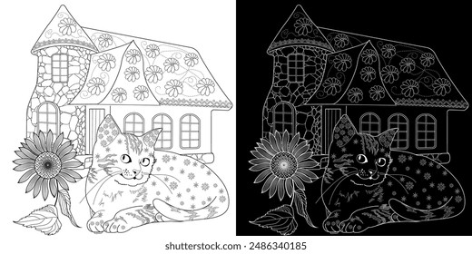 Art therapy coloring page. Coloring pictures with a cute village house and cat. Fairy tale illustration. Coloring books will make you feel better. Coloring drawings is an effective art therapy practic