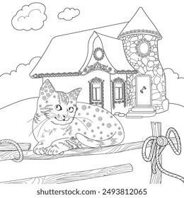 Art therapy coloring page. Coloring pictures with a cute village house and cat. Fairy tale illustration. Coloring books will make you feel better. Coloring drawings is an effective art therapy practic
