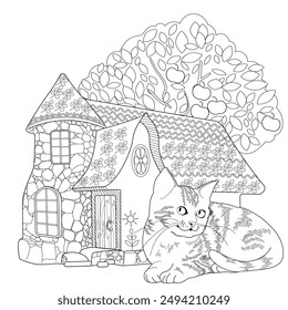 Art therapy coloring page. Coloring pictures with a cute village house and cat. Fairy tale illustration. Coloring books will make you feel better. Coloring drawings is an effective art therapy practic