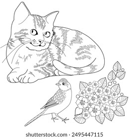 Art therapy coloring page. Coloring pictures with a cute  cat. Fairy tale illustration. Coloring books will make you feel better. Coloring drawings is an effective art therapy practic