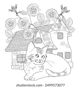 Art therapy coloring page. Coloring pictures with a cute village house and cat. Fairy tale illustration. Coloring books will make you feel better. Coloring drawings is an effective art therapy practic