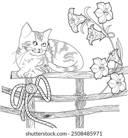 Art therapy coloring page. Coloring pictures with  cat. Fairy tale illustration. Coloring books will make you feel better. 