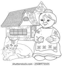 Art therapy coloring page. Coloring pictures with grandmother and cat. Fairy tale illustration. Coloring books will make you feel better. 