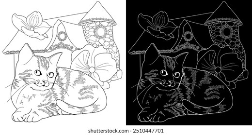 Art therapy coloring page. Coloring pictures with a cute village house and cat. Fairy tale illustration. Coloring books will make you feel better. 