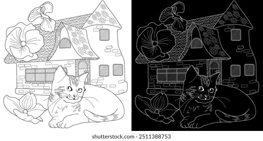 Art therapy coloring page. Coloring pictures with a cute village house and cat. Fairy tale illustration. Coloring books will make you feel better. 