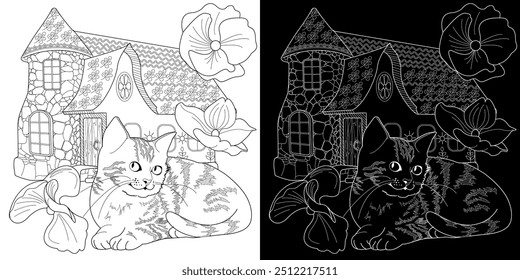 Art therapy coloring page. Coloring pictures with a cute village house and cat. Fairy tale illustration. Coloring books will make you feel better. 