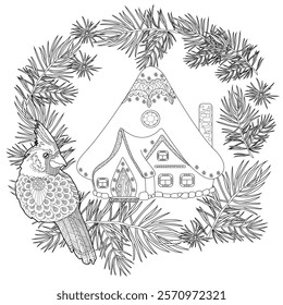 Art therapy coloring page. Coloring pictures with a cute village house. Fairy tale illustration. Coloring books will make you feel better. Coloring drawings is an effective art therapy practic