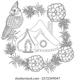 Art therapy coloring page. Coloring pictures with a cute village house. Fairy tale illustration. Coloring books will make you feel better. Coloring drawings is an effective art therapy practic