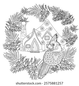 Art therapy coloring page. Coloring pictures with a cute village house. Fairy tale illustration. Coloring books will make you feel better. Coloring drawings is an effective art therapy practic