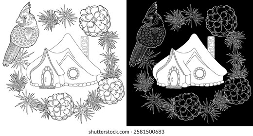 Art therapy coloring page. Coloring pictures with a cute village house. Fairy tale illustration. Coloring books will make you feel better. Coloring drawings is an effective art therapy practic
