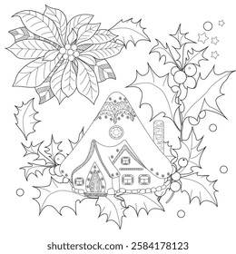 Art therapy coloring page. Coloring pictures with a cute village house. Fairy tale illustration. Coloring books will make you feel better. Coloring drawings is an effective art therapy practic