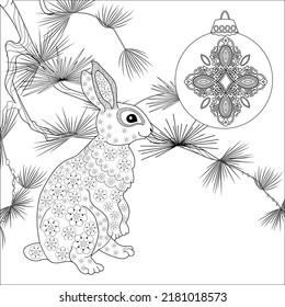 Art therapy coloring page. Rabbit and Christmas balls. Holiday christmas stickers. Cute Christmas background for wallpaper, gift paper, pattern fills, textile, greetings cards.