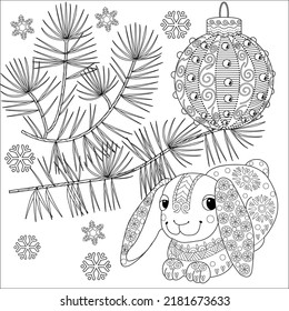 Art therapy coloring page. Rabbit and Christmas balls. Holiday christmas stickers. Cute Christmas background for wallpaper, gift paper, pattern fills, textile, greetings cards.
