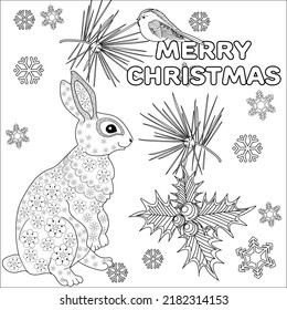 Art therapy coloring page. Rabbit and Christmas balls. Holiday christmas stickers. Cute Christmas background for wallpaper, gift paper, pattern fills, textile, greetings cards.
