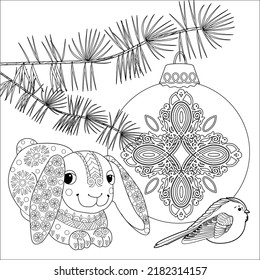 Art therapy coloring page. Rabbit and Christmas balls. Holiday christmas stickers. Cute Christmas background for wallpaper, gift paper, pattern fills, textile, greetings cards.