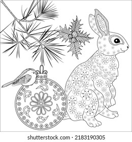 Art therapy coloring page. Rabbit and Christmas balls. Holiday christmas stickers. Cute Christmas background for wallpaper, gift paper, pattern fills, textile, greetings cards.