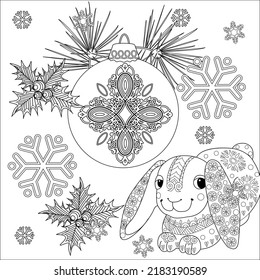 Art therapy coloring page. Rabbit and Christmas balls. Holiday christmas stickers. Cute Christmas background for wallpaper, gift paper, pattern fills, textile, greetings cards.