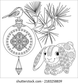 Art therapy coloring page. Rabbit and Christmas balls. Holiday christmas stickers. Cute Christmas background for wallpaper, gift paper, pattern fills, textile, greetings cards.