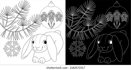 Art therapy coloring page. Rabbit and Christmas balls. Holiday christmas stickers. Cute Christmas background for wallpaper, gift paper, pattern fills, textile, greetings cards.