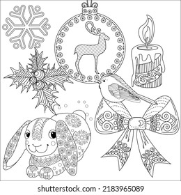 Art therapy coloring page. Rabbit and Christmas balls. Holiday christmas stickers. Cute Christmas background for wallpaper, gift paper, pattern fills, textile, greetings cards.