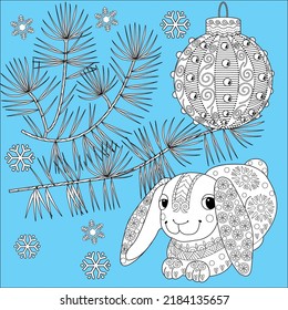 Art therapy coloring page. Rabbit and Christmas balls. Holiday christmas stickers. Cute Christmas background for wallpaper, gift paper, pattern fills, textile, greetings cards.