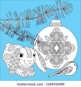 Art therapy coloring page. Rabbit and Christmas balls. Holiday christmas stickers. Cute Christmas background for wallpaper, gift paper, pattern fills, textile, greetings cards.
