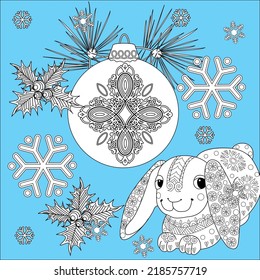 Art therapy coloring page. Rabbit and Christmas balls. Holiday christmas stickers. Cute Christmas background for wallpaper, gift paper, pattern fills, textile, greetings cards.
