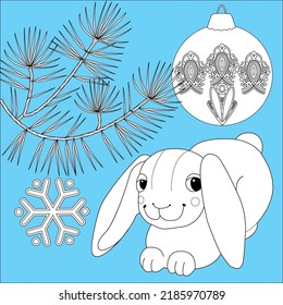 Art therapy coloring page. Rabbit and Christmas balls. Holiday christmas stickers. Cute Christmas background for wallpaper, gift paper, pattern fills, textile, greetings cards.
