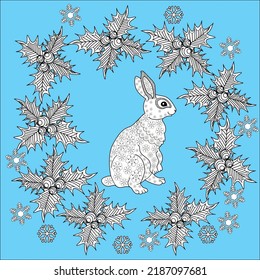 Art therapy coloring page. Rabbit and Christmas balls. Holiday christmas stickers. Cute Christmas background for wallpaper, gift paper, pattern fills, textile, greetings cards.