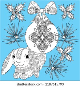 Art therapy coloring page. Rabbit and Christmas balls. Holiday christmas stickers. Cute Christmas background for wallpaper, gift paper, pattern fills, textile, greetings cards.