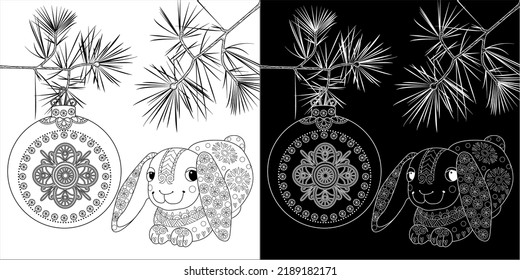 Art therapy coloring page. Rabbit and Christmas balls. Holiday christmas stickers. Cute Christmas background for wallpaper, gift paper, pattern fills, textile, greetings cards.
