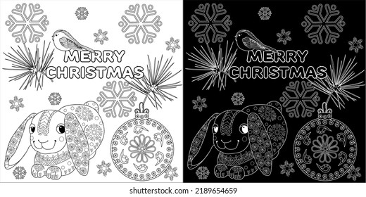 Art therapy coloring page. Rabbit and Christmas balls. Holiday christmas stickers. Cute Christmas background for wallpaper, gift paper, pattern fills, textile, greetings cards.
