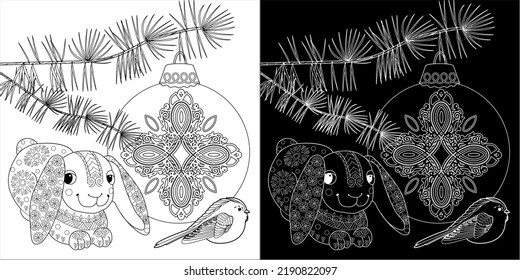 Art therapy coloring page. Rabbit and Christmas balls. Holiday christmas stickers. Cute Christmas background for wallpaper, gift paper, pattern fills, textile, greetings cards.
