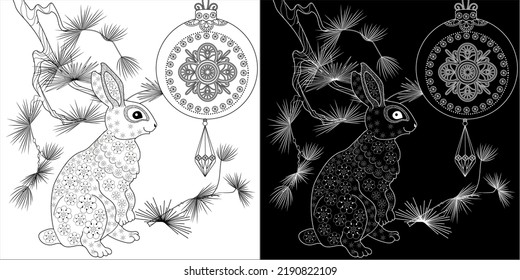 Art therapy coloring page. Rabbit and Christmas balls. Holiday christmas stickers. Cute Christmas background for wallpaper, gift paper, pattern fills, textile, greetings cards.
