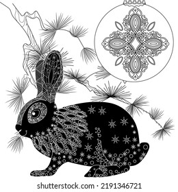 Art therapy coloring page. Rabbit and Christmas balls. Holiday christmas stickers. Cute Christmas background for wallpaper, gift paper, pattern fills, textile, greetings cards.