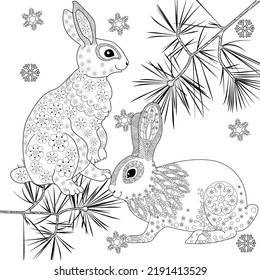 Art therapy coloring page. Rabbit and Christmas balls. Holiday christmas stickers. Cute Christmas background for wallpaper, gift paper, pattern fills, textile, greetings cards.