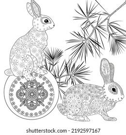 Art therapy coloring page. Rabbit and Christmas balls. Holiday christmas stickers. Cute Christmas background for wallpaper, gift paper, pattern fills, textile, greetings cards.