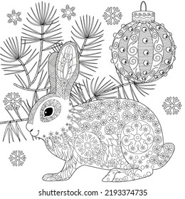 Art therapy coloring page. Rabbit and Christmas balls. Holiday christmas stickers. Cute Christmas background for wallpaper, gift paper, pattern fills, textile, greetings cards.