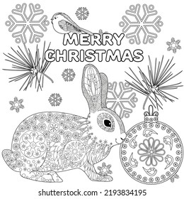 Art therapy coloring page. Rabbit and Christmas balls. Holiday christmas stickers. Cute Christmas background for wallpaper, gift paper, pattern fills, textile, greetings cards.