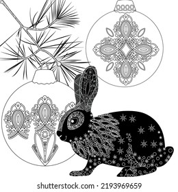 Art therapy coloring page. Rabbit and Christmas balls. Holiday christmas stickers. Cute Christmas background for wallpaper, gift paper, pattern fills, textile, greetings cards.