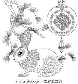 Art therapy coloring page. Rabbit and Christmas balls. Holiday christmas stickers. Cute Christmas background for wallpaper, gift paper, pattern fills, textile, greetings cards.