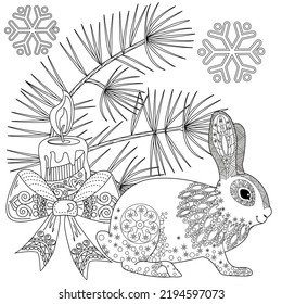 Art therapy coloring page. Rabbit and Christmas balls. Holiday christmas stickers. Cute Christmas background for wallpaper, gift paper, pattern fills, textile, greetings cards.