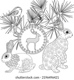 Art therapy coloring page. Rabbit and Christmas balls. Holiday christmas stickers. Cute Christmas background for wallpaper, gift paper, pattern fills, textile, greetings cards.
