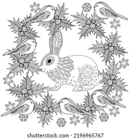 Art therapy coloring page. Rabbit and Christmas balls. Holiday christmas stickers. Cute Christmas background for wallpaper, gift paper, pattern fills, textile, greetings cards.
