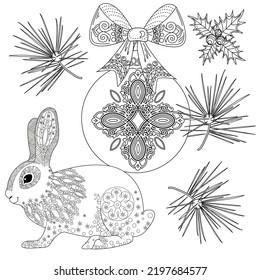 Art therapy coloring page. Rabbit and Christmas balls. Holiday christmas stickers. Cute Christmas background for wallpaper, gift paper, pattern fills, textile, greetings cards.
