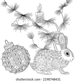 Art therapy coloring page. Rabbit and Christmas balls. Holiday christmas stickers. Cute Christmas background for wallpaper, gift paper, pattern fills, textile, greetings cards.
