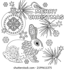 Art therapy coloring page. Rabbit and Christmas balls. Holiday christmas stickers. Cute Christmas background for wallpaper, gift paper, pattern fills, textile, greetings cards.
