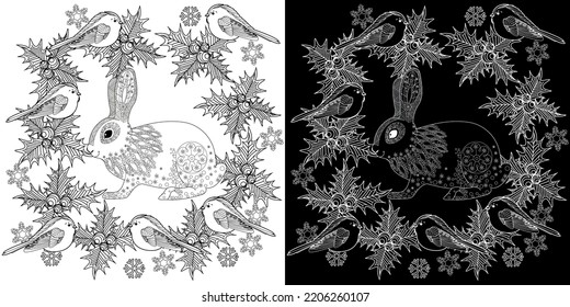 Art therapy coloring page. Rabbit and Christmas balls. Holiday christmas stickers. Cute Christmas background for wallpaper, gift paper, pattern fills, textile, greetings cards.
