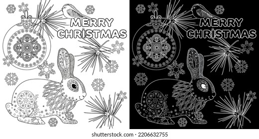 Art therapy coloring page. Rabbit and Christmas balls. Holiday christmas stickers. Cute Christmas background for wallpaper, gift paper, pattern fills, textile, greetings cards.
