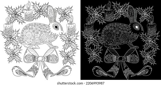 Art therapy coloring page. Rabbit and Christmas balls. Holiday christmas stickers. Cute Christmas background for wallpaper, gift paper, pattern fills, textile, greetings cards.
